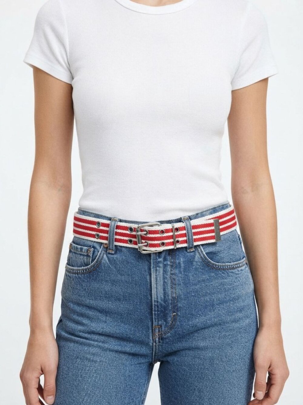 Red White Striped Canvas Double Prong Grommet Waist Belt Retro S/M